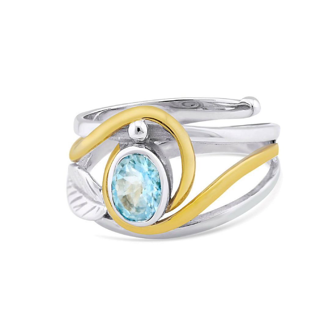 Leaf Ring In Silver Gold & Blue Topaz